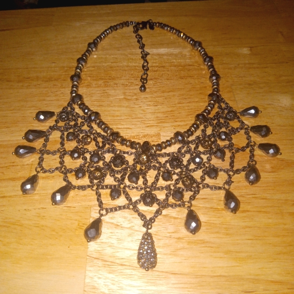 Vintage Chico's BoHo Bibb Necklace style Gold silver brown glass mix metals bead